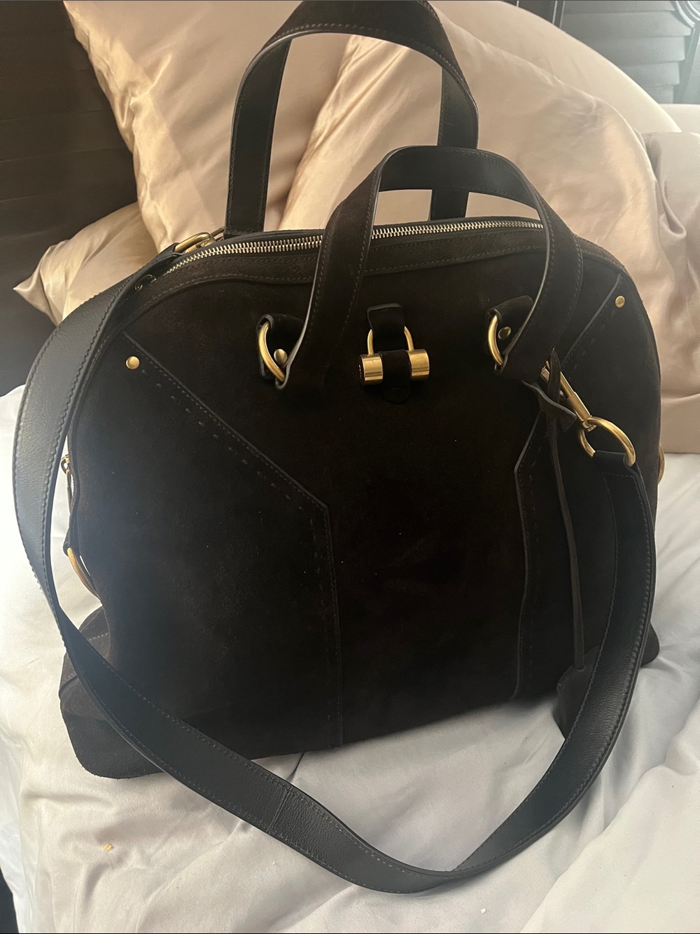 BrownSuede Satchel with Gold Hardware and Detachable Strap. YSL